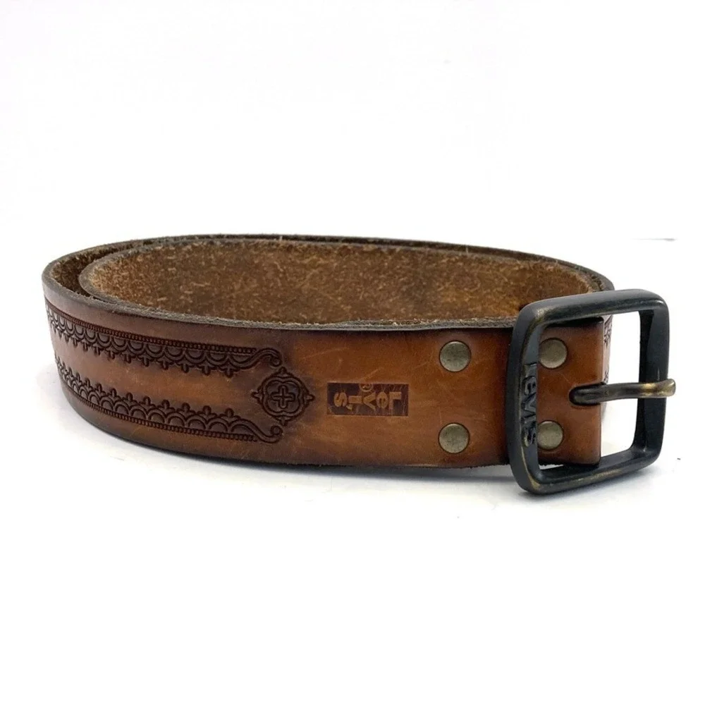 Levi's Leather Tooled Belt Mens 40/100 Rustic Boho Western Brown Decorated 1.5